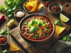 a bowl filled with chili, cheese and tortilla chips on top of a wooden table