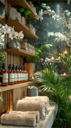 several bottles and towels are lined up on the shelf in front of some potted plants