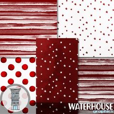 red and white paper with stars, stripes and dots on them for waterhouse designs