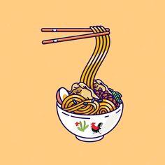 a bowl of noodles with chopsticks sticking out of it on an orange background