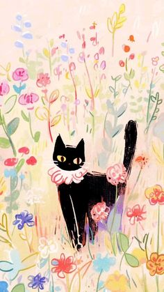 a painting of a black cat in a field of flowers