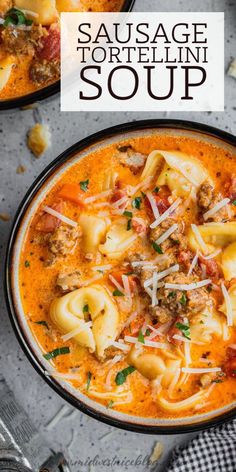 two bowls of sausage tortellini soup with parmesan cheese on the side