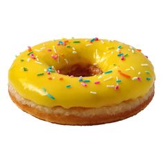 a glazed donut with yellow frosting and sprinkles on it's side