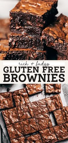 gluten free brownies stacked on top of each other with text overlay