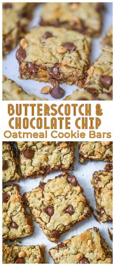 butterscotch and chocolate chip oatmeal cookie bars are stacked on top of each other