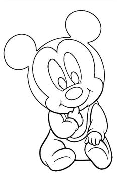 mickey mouse sitting down with his hand on his chin and looking at the camera, outlined in