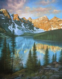 a painting of some mountains and water