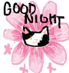 a drawing of a cat with the words good night on it's face in front of a pink flower