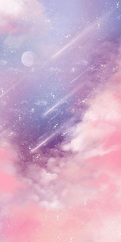 the sky is filled with stars and clouds in pink, blue, and purple colors