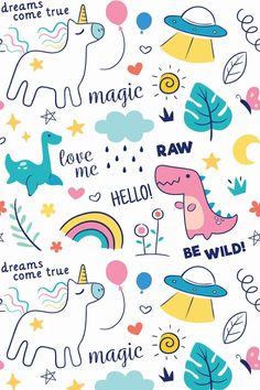 seamless pattern with unicorns, stars and clouds on a white background for children's wallpaper