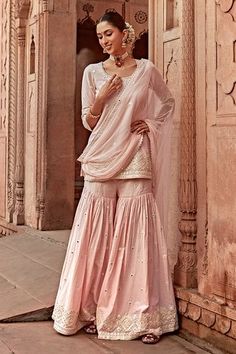 Shop for PREEVIN Pink Embroidered Peplum Kurta Sharara Set for Women Online at Aza Fashions Pink Sharara, Sheer Dupatta, Pink Peplum Top, Kurti Style, Kurta Sharara Set, Kurta Sharara, Mirror Embroidery, Ethereal Dress, Pink Thread