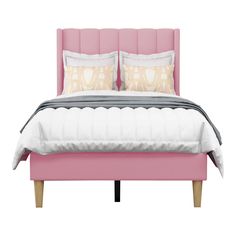 a bed with two pillows on top of it and a pink upholstered headboard