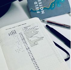 an open notebook sitting on top of a desk next to a pen