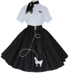 "4 pc. Poodle Skirt Outfit includes: 1) Poodle Skirt - Felt, elastic waist, iron on poodle, sewn on rick rack leash S (24\"-32\") L 25\" --- M (26\"-34\") L 25\" --- L (28-36\") L 25\" XL (30-40\") L 25\" --- 2X (34-46\") L 27\" --- 3X (38\"-50\") L 27\" 2) White Polo - Available in sizes Small, Medium, Large, X-Large, 2X, and 3X (Black and Pink skirt comes with a pink polo if available, otherwise it will be white) 3) Chiffon Scarf - Available in black, light pink, or red (Matching tulle that ca Poddle Skirt, Poodle Skirt 50s, 1950s Poodle Skirt, Poodle Applique, Poodle Skirt Outfit, Poodle Dress, Poodle Skirts, Sequin Belt, Lavender Skirt