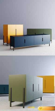 three different colored cabinets with doors and drawers on each side, the same color as the other