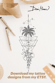 an advertisement for tattoo designs from my etsy, featuring palm trees and geometric shapes