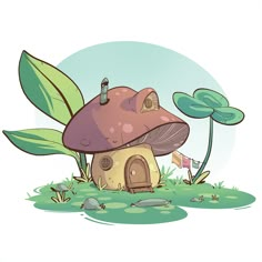 a mushroom house sitting in the grass