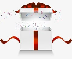 an open white box with red ribbon and confetti