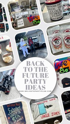 the back to the future party ideas banner is shown with photos of people and food