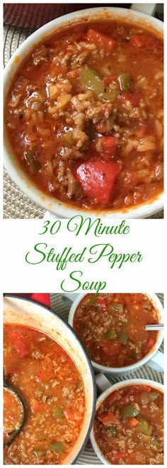 several bowls of soup are shown with the words 30 minute stuffed pepper soup in them