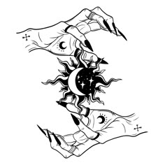 two hands holding each other with the sun and moon above them, in black and white