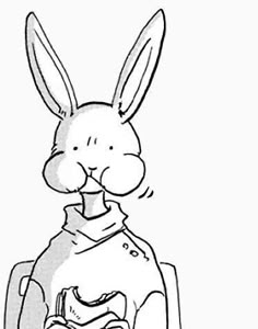 a drawing of a rabbit sitting in a chair with his head on the back of another bunny