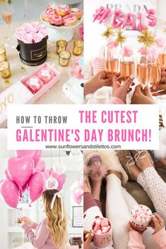 the cutest valentine's day brunch with pink and gold decorations, champagne glasses