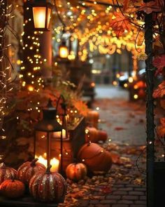 pumpkins and lanterns are lit up on the street