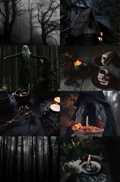 a collage of photos with witches and candles in the dark forest, including an image of