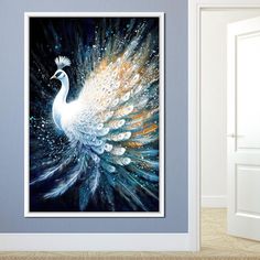 a painting of a white peacock on a blue wall next to an open door in a room