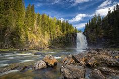 a waterfall surrounded by trees and rocks