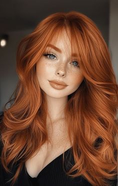 Auburn Hair For Brown Eyes, Aurburn Hair Color, Natural Red Hair Brown Eyes, Vibrant Auburn Hair Color, Pale Skin Freckles Hair Color, Copper Hair With Tan Skin, Auburn Curtain Bangs, Ginger Hair Shadow Root, Pretty Ginger Hair