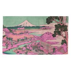 a pink and green painting with mountains in the background