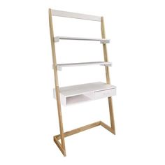 a white wooden shelf with two drawers on each side and an open drawer underneath it