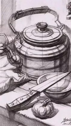 a black and white drawing of a tea pot with spoons next to it on a table