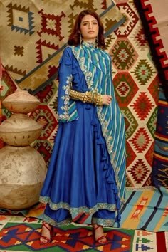 Cobalt blue anarkali featuring split sleeves and scoop neckline with resham gota patti embroidery. Paired with a dori tassel blue indi-leheriya dupatta and pant with side zip closure., Fit: Relaxed Sleeves Pattern For Kurtis, Gota Patti Embroidery, Pink Sharara, Gota Patti Suits, Indian Closet, Blue Anarkali, Scalloped Sleeves, Blue Dupatta