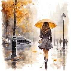 a painting of a woman walking in the rain with an umbrella