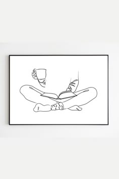 a black and white drawing of two people holding each other's hands with coffee cups on them