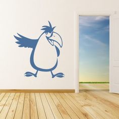 an open door in a room with a cartoon bird on it's face and arms