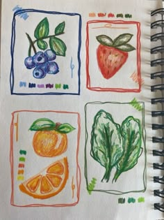 four drawings of fruits and vegetables are shown in colored pencils on a notebook page