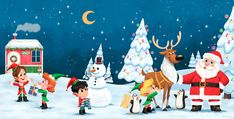 an animated christmas scene with santa, snowmen and elves