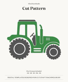 a green tractor with the words cut pattern on it's front and back side