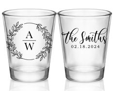 two shot glasses with the names and initials on them