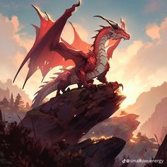 a red dragon sitting on top of a rock