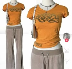 Orange Outfit Combination, Aesthetic Orange Outfits, Colorful Y2k Outfits, 2000 Inspired Outfits, Orange Outfit Aesthetic, Back To School Y2k, Hello Kitty Outfit, 2000s Clothes, 2000s Outfits