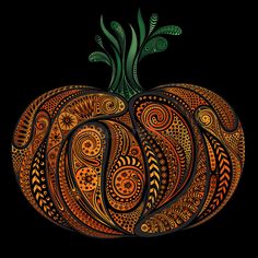 an artistic pumpkin on a black background with swirls and leaves