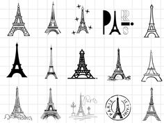 the eiffel tower silhouettes are shown in different styles and sizes, including black and white