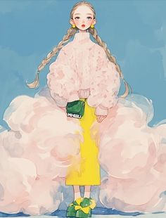 a painting of a girl in a pink coat and yellow skirt standing on a cloud