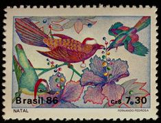 a postage stamp with birds and flowers on the front, printed in spanish for brazil