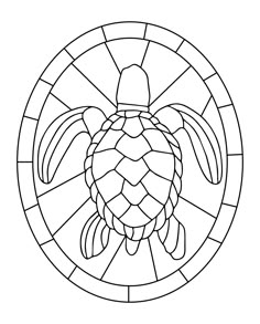 a black and white image of a sea turtle in a circular stained glass window frame